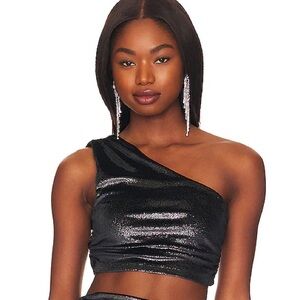 NWT- SUSANA MONACO Revolve One Arm Crop Top in Metallic  Black